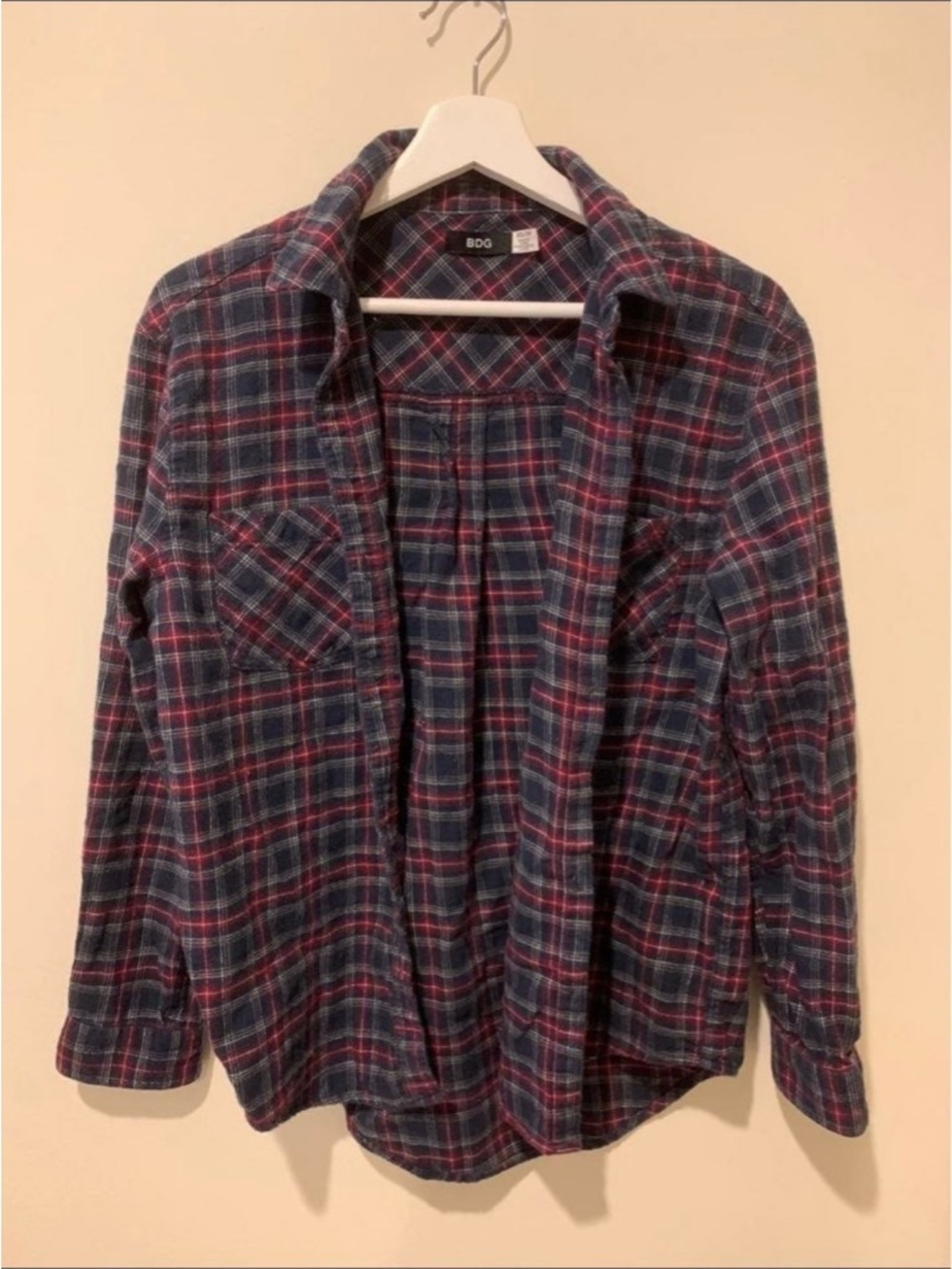 BDG Navy and Burgundy Plaid Button-Front Shirt